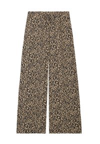 Pantalons à jambes larges en tissu beige avec un motif léopard noir. Le design comprend une taille élastiquée pour plus de confort.