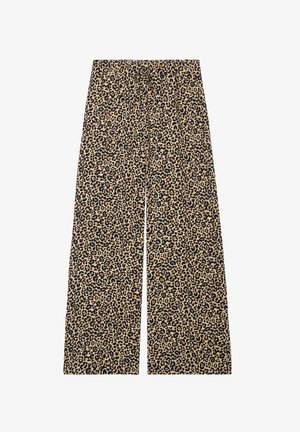 Pantalones de pierna ancha en un tejido beige con un patrón de estampado de leopardo negro. El diseño incluye una cintura elástica para mayor comodidad.