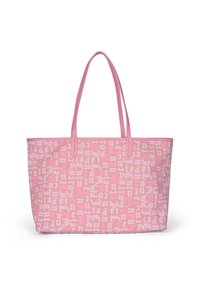 Borsa tote rosa con un motivo di testo ripetuto in tonalità di rosa chiare e scure. Finitura liscia, doppio manico e design con apertura superiore.