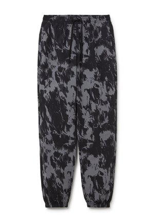 Pantaloni da tuta neri e grigi con motivo, dotati di cintura elastica e polsini. Tessuto leggero con vestibilità rilassata e dettaglio con cordino.