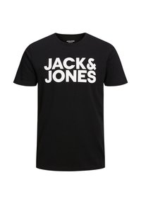Tricou negru din bumbac, cu text alb mare „JACK & JONES” imprimat pe față. Design clasic cu guler rotund și mâneci scurte.