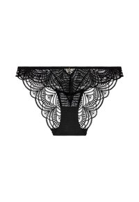 Culotte en dentelle noire pour femme avec des motifs floraux festonnés et un petit charme en or au centre de la ceinture.