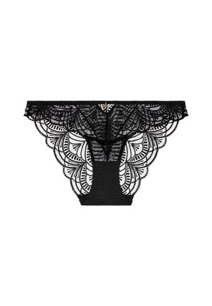 Culotte en dentelle noire pour femme avec des motifs floraux festonnés et un petit charme en or au centre de la ceinture.