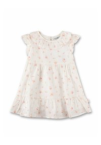 Blumenkleid mit kurzen Rüschensäulen, rundem Ausschnitt, leichtem Stoff und gestuften Rock. Überwiegend weiß mit rosa Blumen.