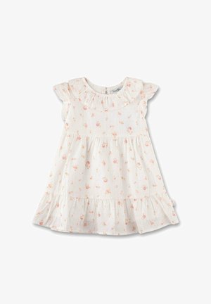 Robe fleurie avec des manches courtes à volants, possédant un col rond, un tissu léger et une jupe à volants. Principalement blanche avec des fleurs roses.