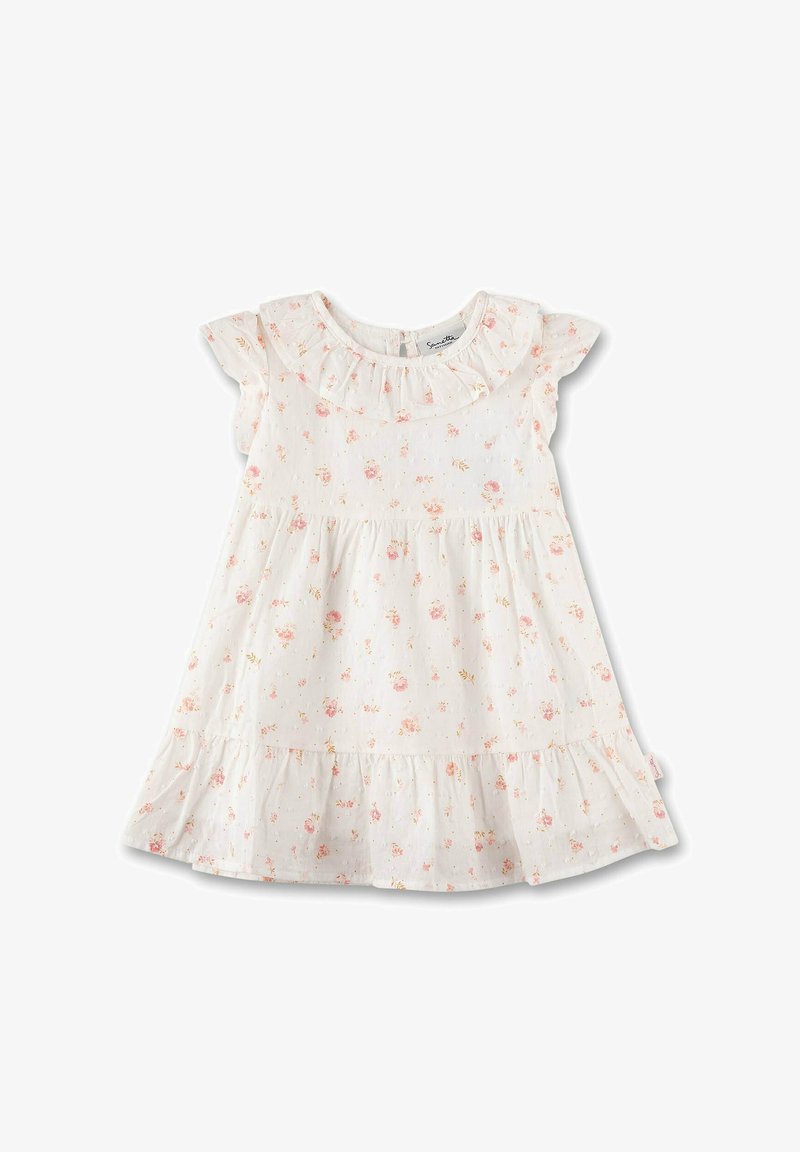 Blumenkleid mit kurzen Rüschensäulen, rundem Ausschnitt, leichtem Stoff und gestuften Rock. Überwiegend weiß mit rosa Blumen.