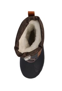 Botte noire avec un poignet en textile marron, doublure blanche duveteuse et accent en cuir marron. Dispose d'une fermeture à cordon pour un ajustement ajustable.