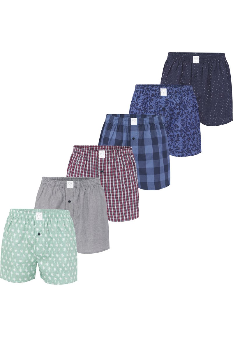 Ensemble de six paires de boxers. Comprend des motifs tels que des rayures, des carreaux, des fleurs et des pois. Les couleurs varient du vert, bleu marine au bordeaux.