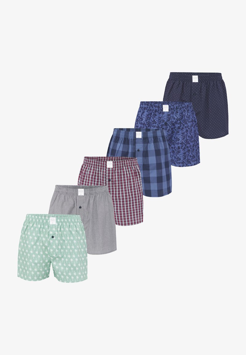 Ensemble de six paires de boxers. Comprend des motifs tels que des rayures, des carreaux, des fleurs et des pois. Les couleurs varient du vert, bleu marine au bordeaux.