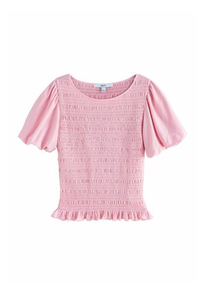 Világos rózsaszín rövid ujjú felső ráncolt felsőrésszel, fodros szegéllyel és buggyos ujjakkal, környakkivágással és belső gallérján anyagcímkével.