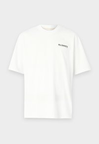 White T-shirt with short sleeves. Features a black logo on the left chest. Made of cotton with a standard fit and crew neck design.