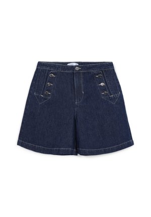 Shorts en denim bleu foncé avec une taille haute, des boutons décoratifs sur les côtés et des coutures contrastées le long des bords.