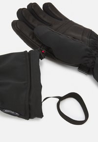 Guanti neri realizzati in materiali in pelle e sintetici, con design aderente e polsino elastico. Presentano un anello per il fissaggio.