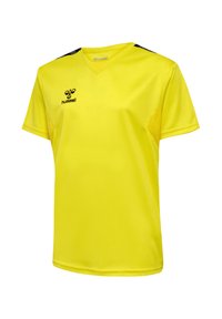 Gul sportstrøje med korte ærmer, med sort hummel-logo på brystet og sorte detaljer på skulderen, V-hals krave.