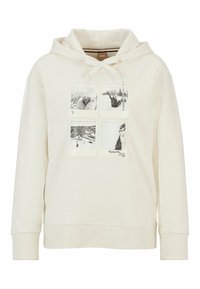 Sudadera con capucha de color crema hecha de tela suave, con un gráfico frontal que presenta cuatro cuadros fotográficos en blanco y negro. Capucha con cordón ajustable y corte holgado.