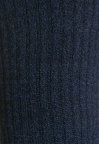 Tessuto lavorato a maglia di colore blu scuro con una texture a coste, che mostra un primo piano delle fibre e dei fili intrecciati.