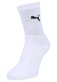 Weißer Baumwollsocken mit strukturiertem Rippdesign und schwarzem Puma-Logo. Verfügt über eine verstärkte Zehenpartie, mittlere Dicke und eine Höhe über dem Knöchel.