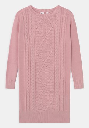 Vestido suéter de punto rosa de manga larga con patrones de trenza y diamante en la parte delantera y puños y dobladillo acanalados.