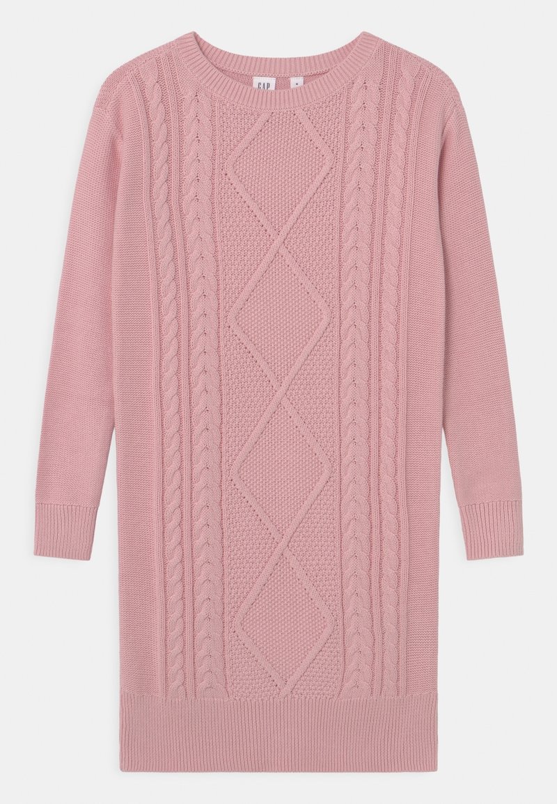 Robe-pull en maille rose à manches longues avec motifs torsadés et losanges sur le devant, poignets et ourlet côtelés.
