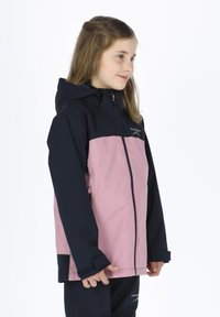 Hooded jacket in navy and pink, featuring a zip closure, long sleeves, and a sporty design with a logo on the chest and cuffs.