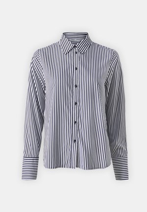 Navy and white striped long-sleeve button-up shirt with a classic collar and contrasting striped cuffs. Features black buttons along the front.