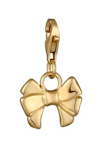 Charm en forme de nœud doré avec une finition brillante, présentant un détail central en nœud et une petite boucle pour l'attache. Texture lisse et bords arrondis.