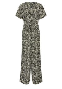 Mono de estampado de cebra en blanco y negro con un corte holgado, mangas cortas, cintura ceñida y pantalones de pierna ancha.