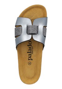 Sandale grise à slide avec deux larges brides, une métallique et une texturée, sur une semelle intérieure beige ergonomique. Marque "palado" imprimée sur la semelle.