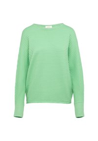 Grüner gerippter Pullover mit lockerer Passform, weitem Rundhalsausschnitt und langen Ärmeln. Texturierter Stoff mit dezenten Linien. Lässiger Stil.