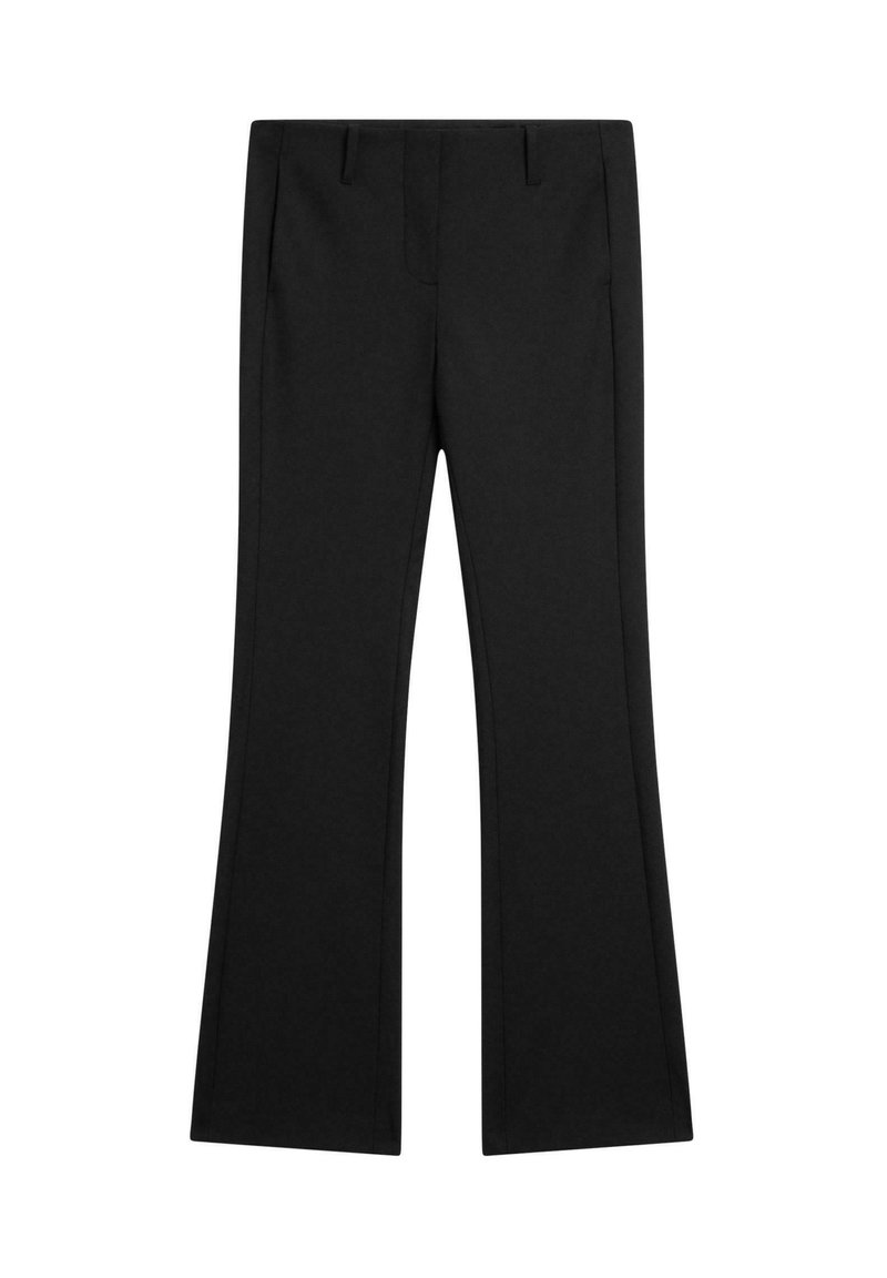 Black flared pants made of smooth fabric, featuring front pockets and a tailored fit with pressed crease lines for a polished look.
