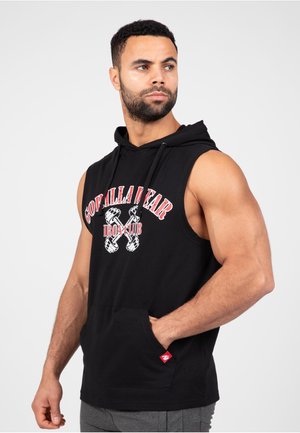 Zwarte mouwloze hoodie met voorzak, voorzien van rode en witte tekst en dumbbell-graphics. Gemaakt van zachte stof met een ontspannen pasvorm.