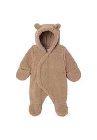 Tan fleece toddlers' onesie with hood, bear ears, long sleeves, and footed design. Soft, textured surface with a wrap closure.