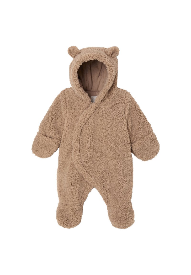 Tan fleece toddlers' onesie with hood, bear ears, long sleeves, and footed design. Soft, textured surface with a wrap closure.