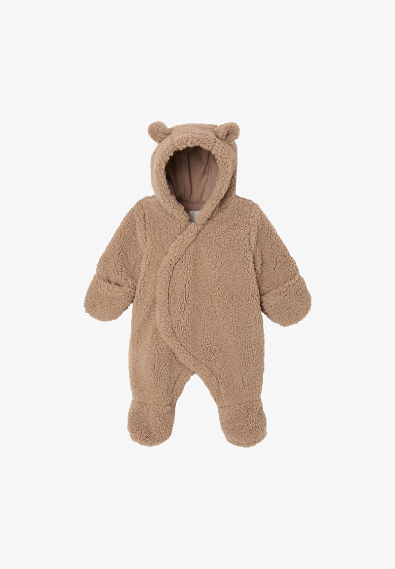 Tan fleece toddlers' onesie with hood, bear ears, long sleeves, and footed design. Soft, textured surface with a wrap closure.