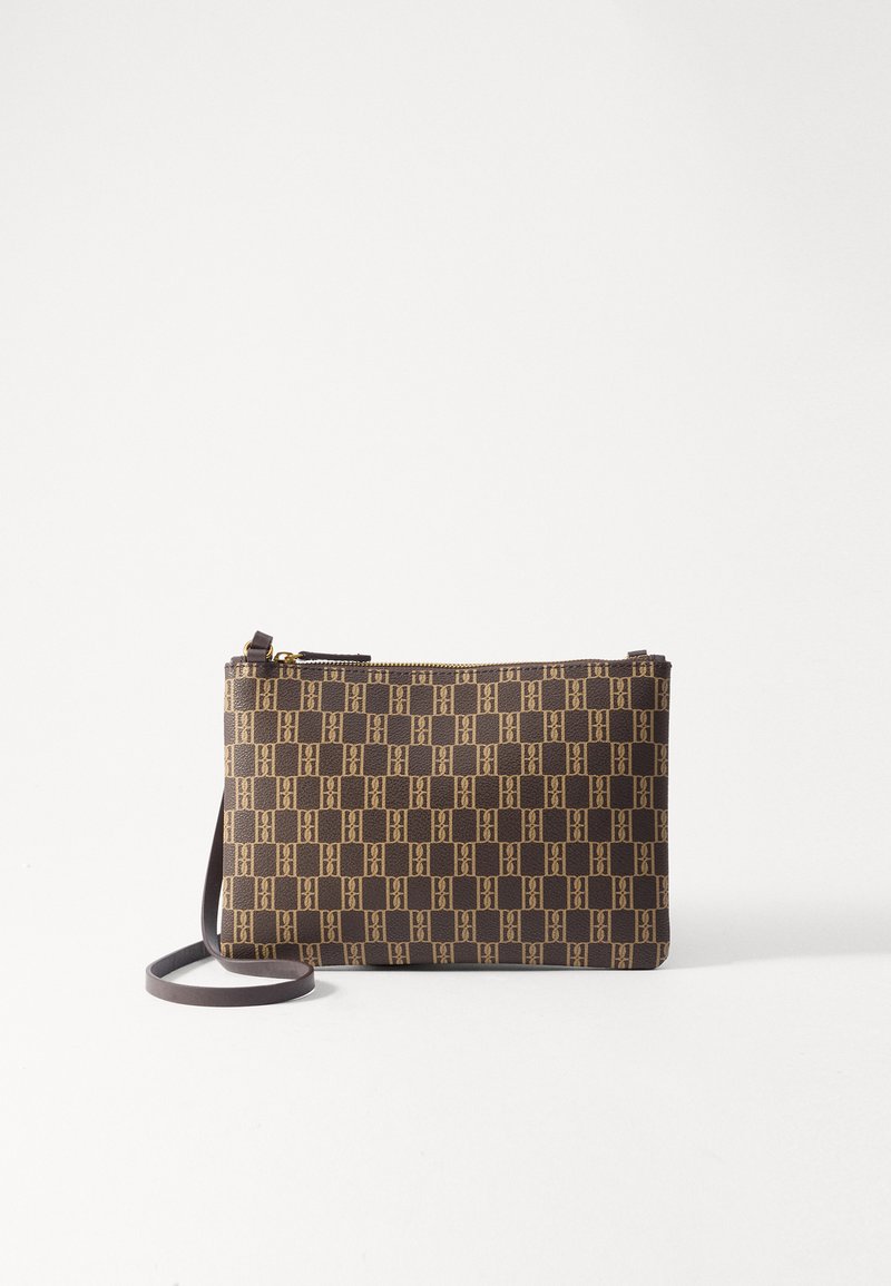 Brown patterned clutch bag with a zip closure and a detachable strap. Features a grid design in contrasting light brown and dark brown.