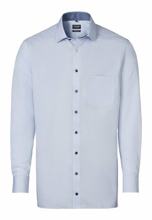 Light blue long-sleeve shirt with a button-down collar, front pocket, and dark buttons. Smooth fabric with a subtle texture and no patterns.