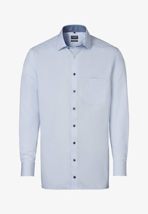 Lichtblauwe overhemd met lange mouwen, een button-down kraag, een borstzak en donkere knopen. Soepele stof met een subtiele textuur en zonder patronen.