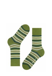 Gestreifte Socken in den Farben Grün, Gelb und Marineblau. Aus weichem Material gefertigt, verfügen sie über kontrastierende horizontale Streifen und eine verstärkte Zehenpartie.