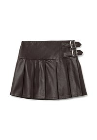 Zwarte geplooide mini-jurk, gemaakt van lederachtig materiaal, met twee zijgespen en een gladde tailleband.