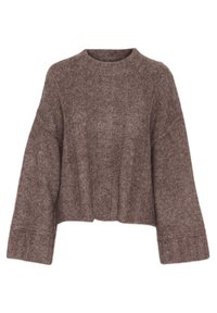 Brązowy sweter z dzianiny z okrągłym dekoltem, skróconą długością i szerokimi rękawami. Teksturowana tkanina ma delikatne pionowe wzory.