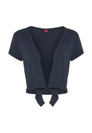 Crop top à manches courtes bleu marine avec un décolleté en V profond et un détail de lien à l'avant, fabriqué à partir d'un tissu doux et léger.