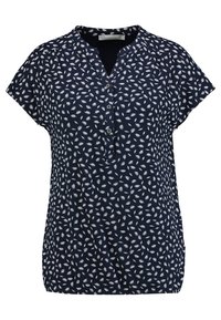 Marinblus med kort ärm, rundad halsringning och vitt bladmönster, knappframmärket och lätt material för enkel användning.