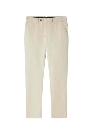 Beige Baumwollhose mit geradem Schnitt, Knopfverschluss, zwei seitlichen Taschen und minimaler Textur. Flacher Frontschnitt.