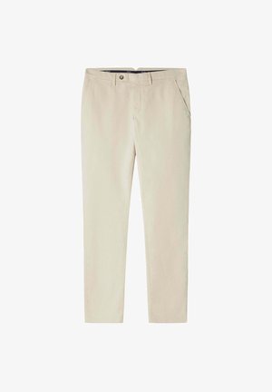 Pantaloni in cotone beige con taglio dritto, chiusura con bottone, due tasche laterali e texture minimale. Design frontale piatto.