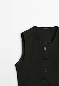 Schwarze ärmellose Weste aus glattem Stoff, mit rundem Ausschnitt, sechs Knöpfen auf der Vorderseite und zwei seitlichen Taschen.