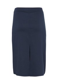 Jupe crayon bleu marine jusqu'aux genoux en tissu stretch, dotée d'une fente avant, d'une taille sans coutures et d'une texture lisse.