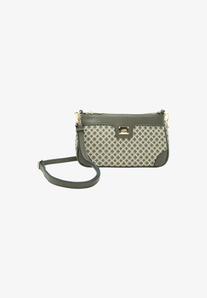 Bolso cruzado verde con un patrón geométrico, textura suave, herrajes dorados y una correa desmontable para opciones de transporte versátiles.
