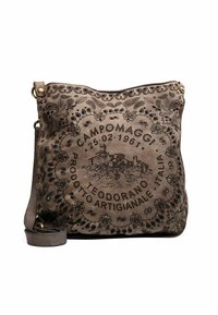 Borsa a tracolla in pelle marrone con motivi floreali in rilievo e un design di castello. Presenta una tracolla e dettagli in ottone.
