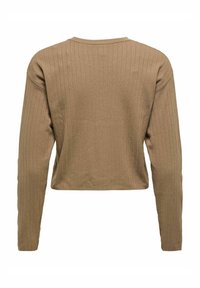 Pull à manches longues en maille côtelée marron clair, vu de dos, avec un col rond et une coupe légèrement courte.