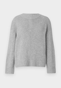 Hellgrauer Pullover mit rundem Ausschnitt, Raglanärmeln und gerippten Bündchen und Saum. Die Textur wirkt weich und gestrickt.